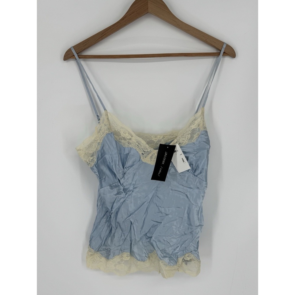 NWT Jaloux Zalu Lt Blue 100% Silk Camisole Top Size Large Romantic Lace Trim F4